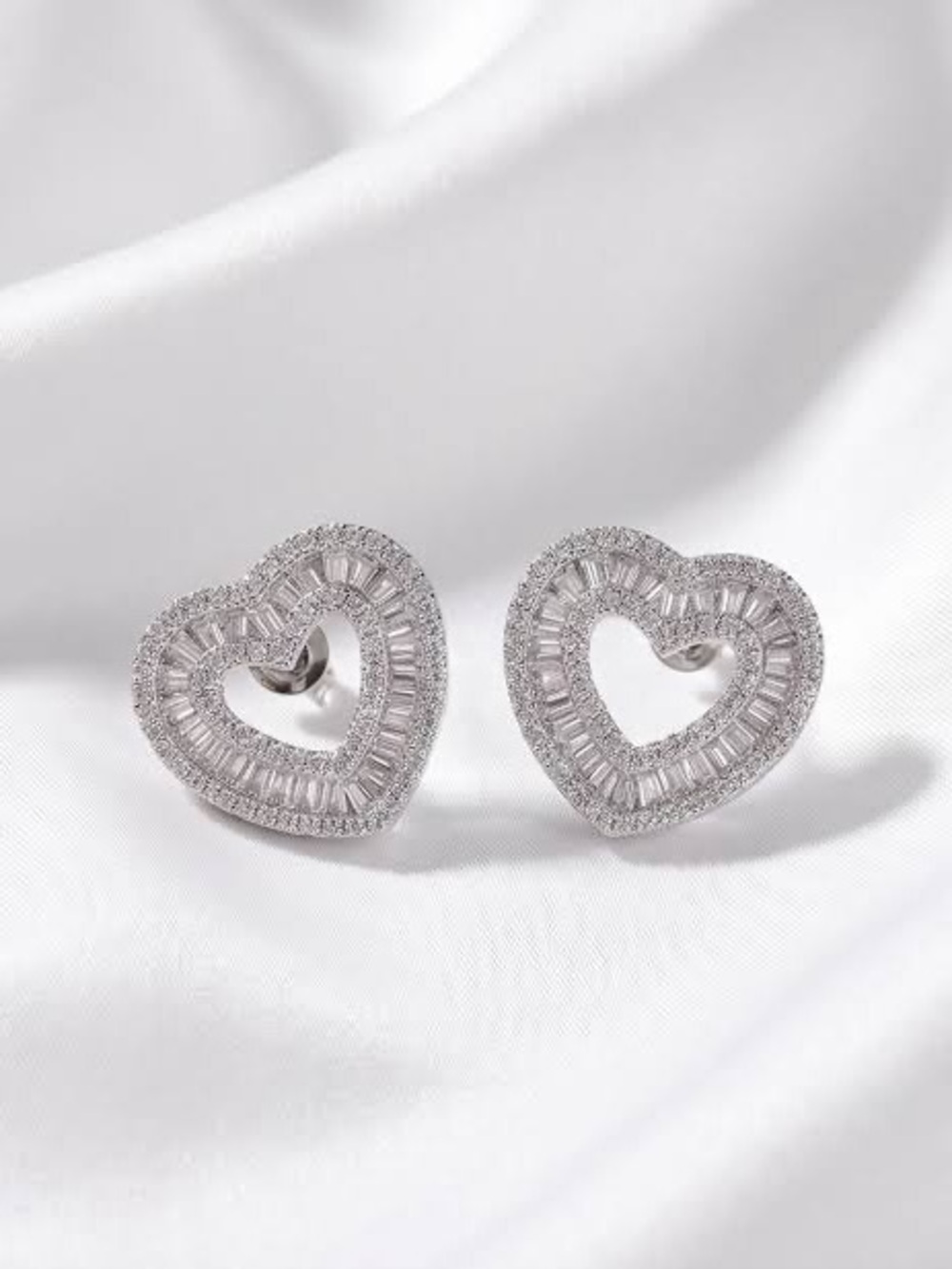 Silver Heart Cubic Zirconia Stud Earrings - White